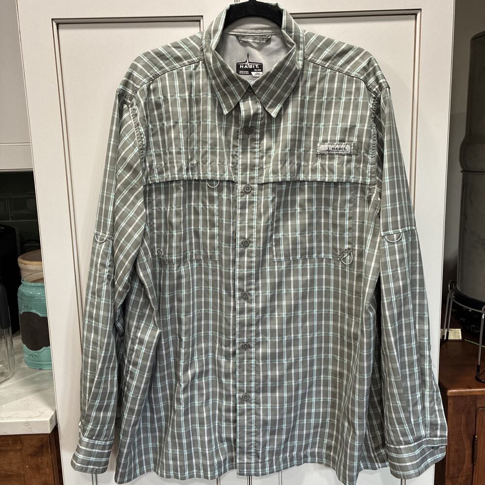 Habit Long Sleeve Fishing Shirt Vented Mens XL Gray Plaid Teal Green